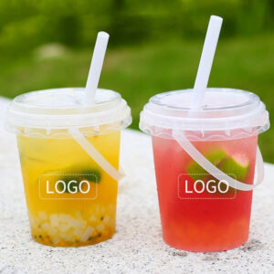 Custom Transparent Disposable Plastic Fruit Bucket Cup with Handle & Lid for Juice and Milk Tea