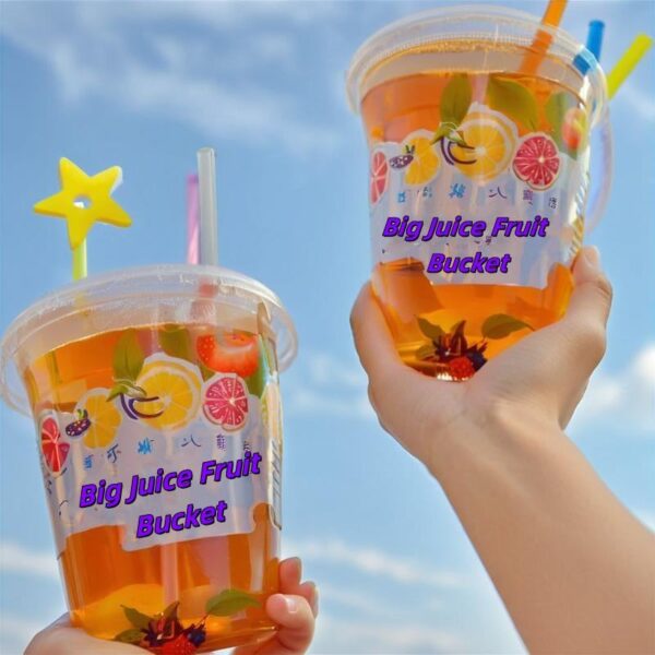Custom Transparent Disposable PP Plastic Injection Fruit Bucket Cup with Handle and Lid for Juice, Milk Tea (2) Custom Transparent Disposable Plastic Fruit Bucket Cup with Handle & Lid for Juice and Milk Tea