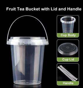 Custom Transparent Disposable Plastic Fruit Bucket Cup with Handle & Lid for Juice and Milk Tea