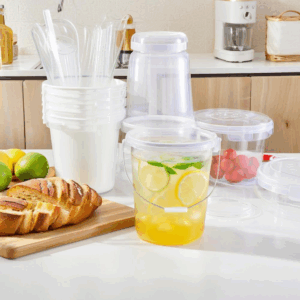 Custom Transparent Disposable Plastic Fruit Bucket Cup with Handle & Lid for Juice and Milk Tea