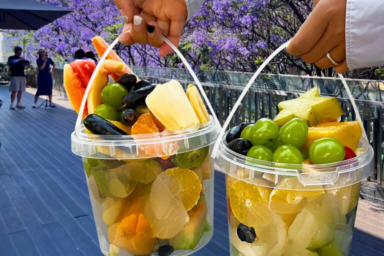 Custom Transparent Disposable Plastic Fruit Bucket Cup with Handle & Lid for Juice and Milk Tea