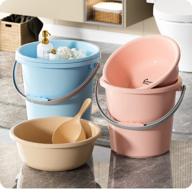 Thickened Tall Round Plastic Bucket with Handle for Laundry and Bath