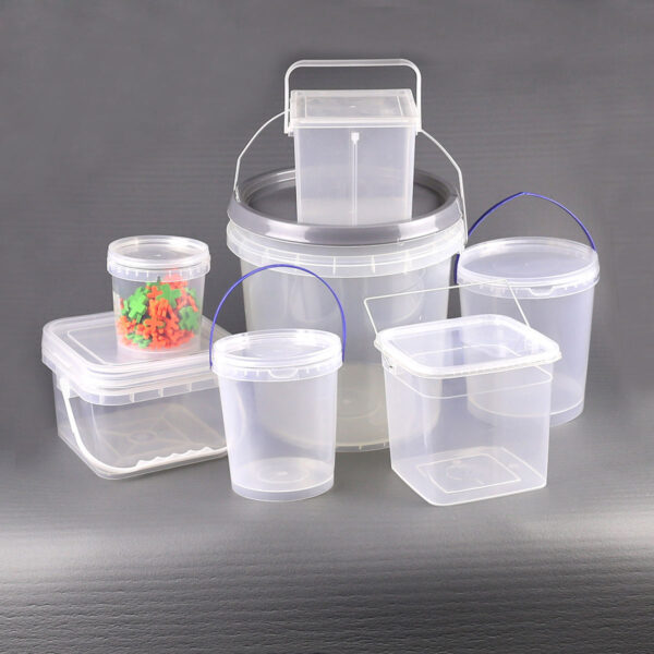 Transparent round plastic bucket with lid
