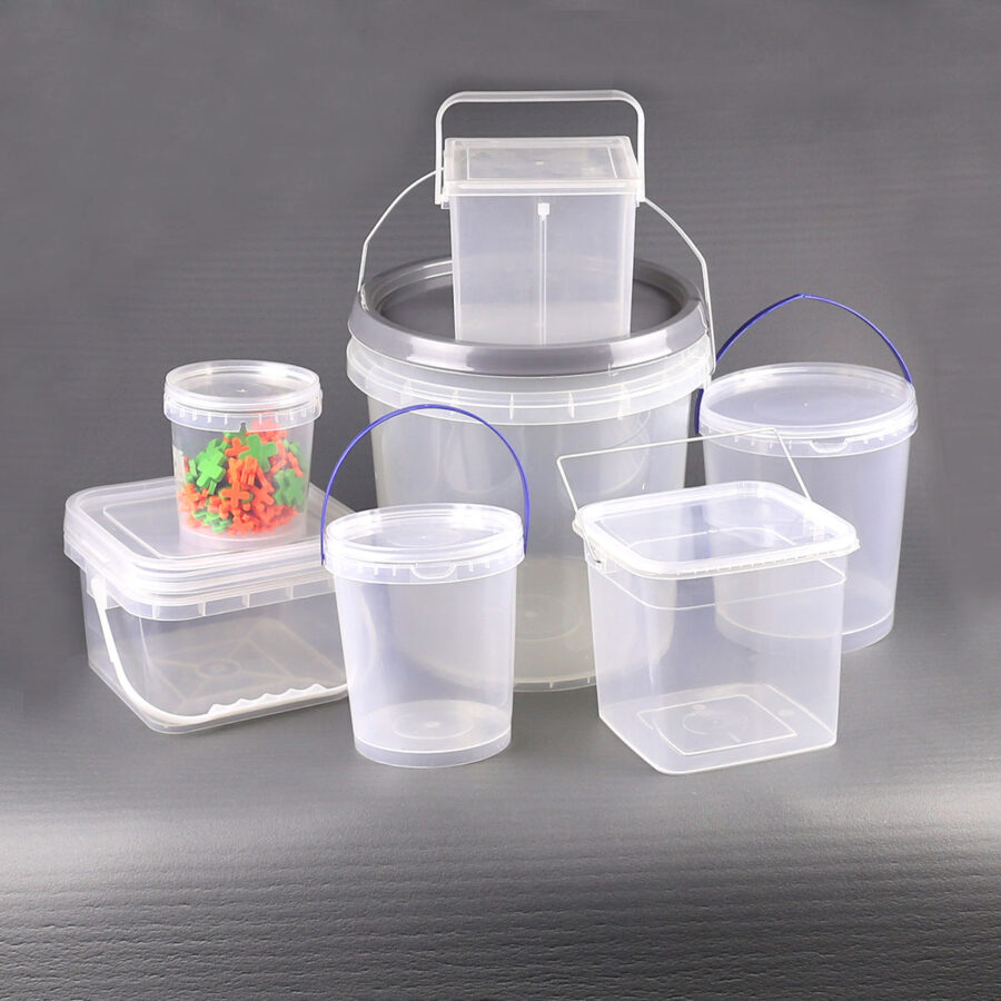 Transparent round plastic bucket with lid